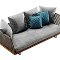 Stylish Outdoor Sofa With Gray Upholstery Blue Pillows Woven Details And Wooden Base
