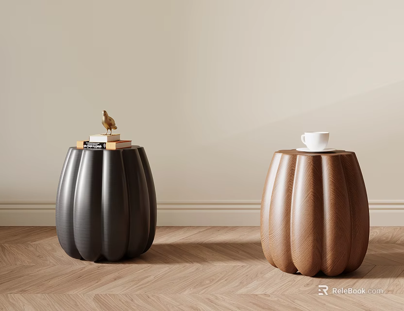 Modern Pumpkin Shaped Stools in Black and Brown with Decor and Cup 3d model