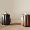 Modern Pumpkin Shaped Stools in Black and Brown with Decor and Cup 3d model