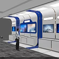 Futuristic Indoor Corridor Design With Blue White Curved Lines Person Standing Digital Screens Bright Lighting