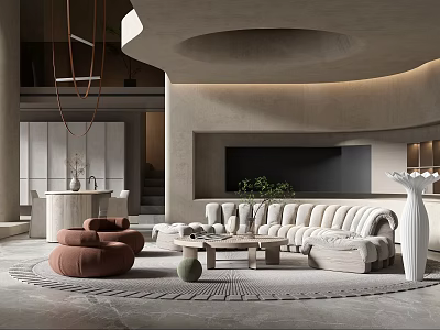 Modern Living Room Interior With Sectional Sofa Brown Armchair Round Rug Fireplace And Green Plants 3d model