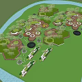 Park Landscape Design With Circular Green Areas Lush Vegetation And Water Features