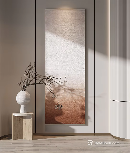 White Vase With Dried Branches And Vertical Gradient Artwork On Light Colored Wall 3d model
