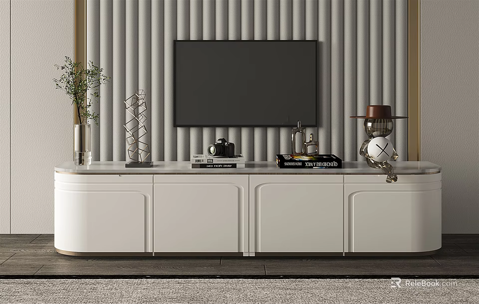 Modern White TV Stand With TV And Decorative Items On Slat Wall Background 3d model 