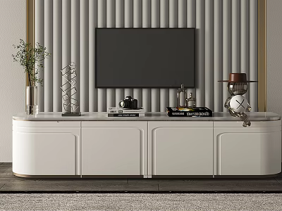 Modern White TV Stand With TV And Decorative Items On Slat Wall Background 3d model