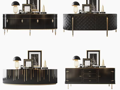 Luxury Black TV Stand With Gold Accents Table Lamp Photo Frame And Decor 3d model