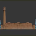 Red Brick Building With Square Structure Central Opening Tall Chimney And Blue Decorated Arches