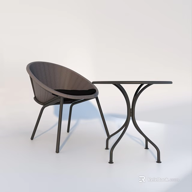 Modern Woven Outdoor Chair with Black Metal Frame and Matching Table 3d model 
