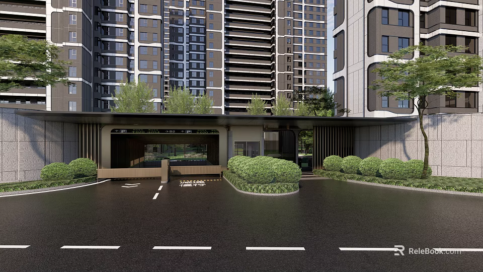 Modern Residential Entrance Gate With High Rise Buildings And Landscaped Greenery 3d model 