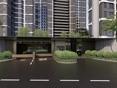 Modern Residential Entrance Gate With High Rise Buildings And Landscaped Greenery 3d model