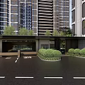 Modern Residential Entrance Gate With High Rise Buildings And Landscaped Greenery
