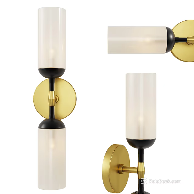 Modern Wall Sconce Lighting With Cylindrical White Glass Shade And Gold Black Accents 3d model 