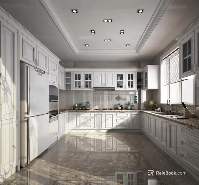 Modern Kitchen With White Cabinets Marble Countertops And Stainless Steel Appliances 3d model 