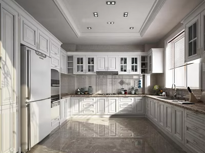 Modern Kitchen With White Cabinets Marble Countertops And Stainless Steel Appliances 3d model