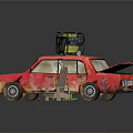 Red Worn Car With Equipment On Roof And Wooden Chair Nearby Debris