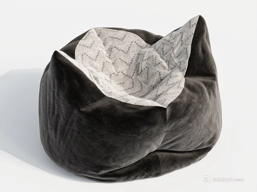 Dark Gray Velvet Bean Bag Chair With Patterned Inner Lining And Comfortable Design 3d model 