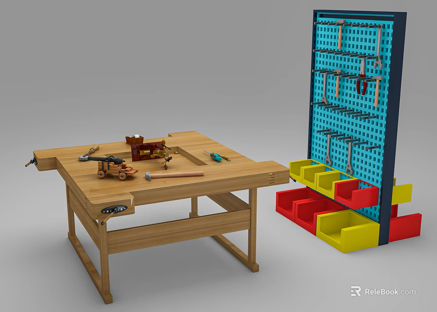 Wooden Functional Workbench with Tools Pegboard and Colored Storage Bins 3d model 