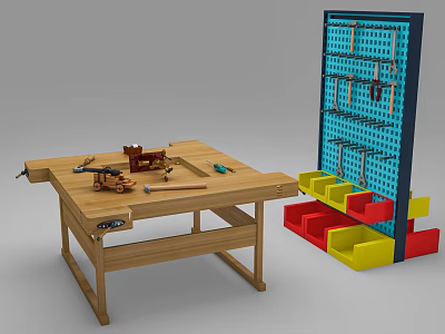 Wooden Functional Workbench with Tools Pegboard and Colored Storage Bins 3d model