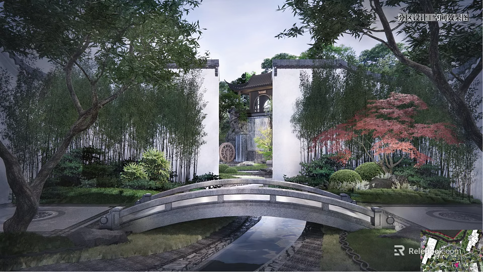 Rockery Stones In Traditional Chinese Garden With Stone Bridge Bamboo And Red Maple Trees 3d model 
