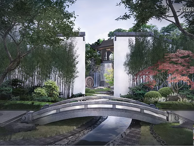 Rockery Stones In Traditional Chinese Garden With Stone Bridge Bamboo And Red Maple Trees 3d model