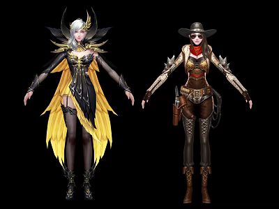 Detailed Game Movie Characters With Golden Black Feather Costume Cowboy Hat And Leather Boots 3d model