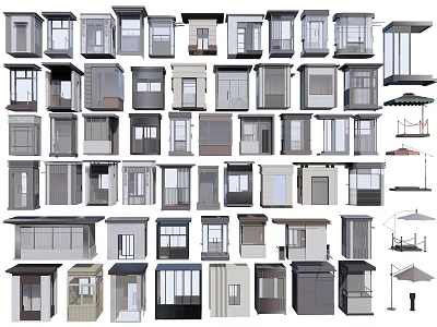 Various Door And Window Designs Featuring Different Styles And Awning Structures 3d model