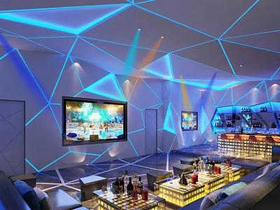 Modern KTV with Blue Lighting Geometric Ceiling Large Screen TV Sofas Bar Counter and Drinks 3d model