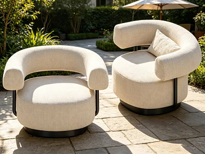 Beige Upholstered Outdoor Armchairs In Garden With Stone Patio And Greenery 3d model