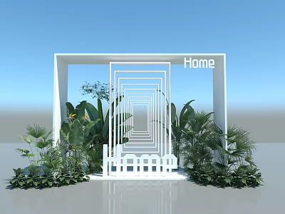 Creative Floral Display with White Frame Structure Repetitive Door Frames Home Sign and Green Plants 3d model
