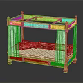 Ornate Golden Carved Double Bed With White Canopy And Colorful Patterned Cushions