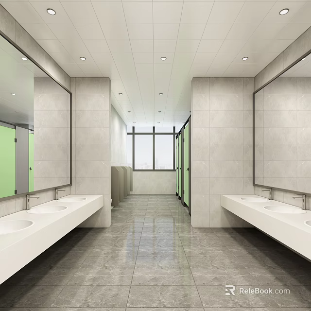 Bright Modern Public Restroom Interior Featuring Clean Sinks Mirrors Tiled Stalls And Windows 3d model