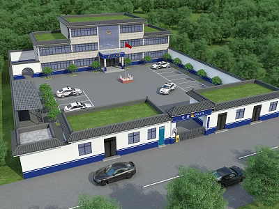 Aerial Planning of Modern Traditional Administrative Building With Green Roof Parking and Surrounding Greenery 3d model