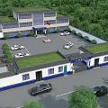 Aerial Planning of Modern Traditional Administrative Building With Green Roof Parking and Surrounding Greenery