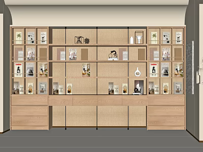 Modern Light Wood Bookcase With Multiple Open Shelving Drawers Books And Decorative Items 3d model