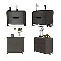 Modern Elegant Wooden Bedside Table With Metal Accents Drawers And Decorative Items