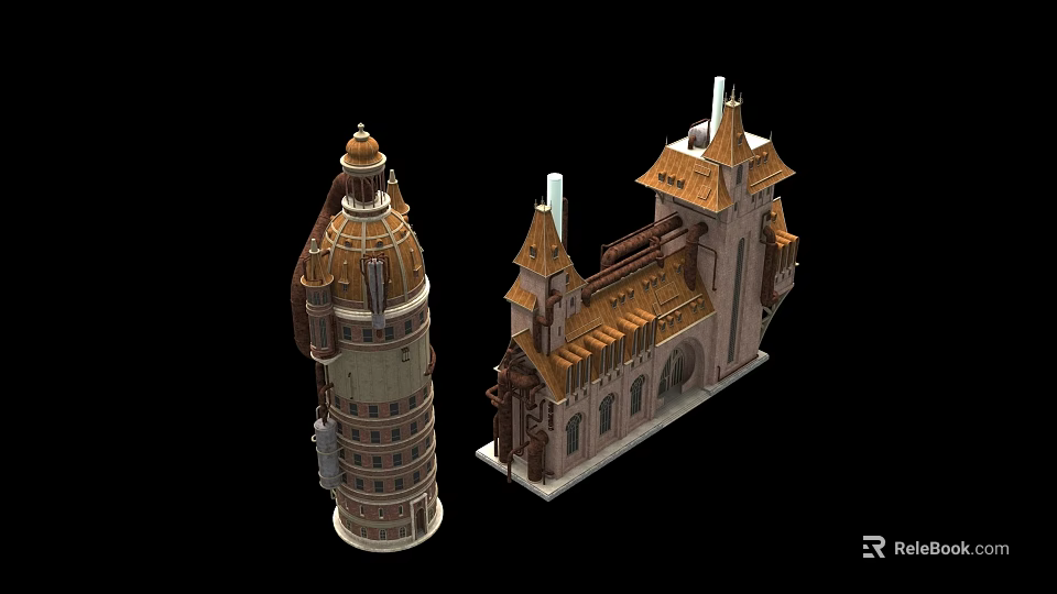 Detailed Architectural Models With Tower And Gothic Style Building Featuring Brown Roof 3d model 
