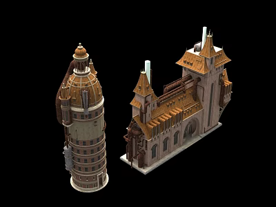 Detailed Architectural Models With Tower And Gothic Style Building Featuring Brown Roof 3d model