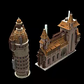 Detailed Architectural Models With Tower And Gothic Style Building Featuring Brown Roof