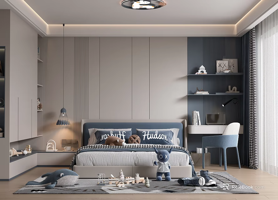 Modern Elegant Kids Room With Gray Walls Blue Accents Bed Desk Toys Rug And Chandelier 3d model 