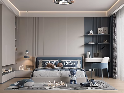 Modern Elegant Kids Room With Gray Walls Blue Accents Bed Desk Toys Rug And Chandelier 3d model