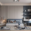 Modern Elegant Kids Room With Gray Walls Blue Accents Bed Desk Toys Rug And Chandelier