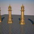 Golden Traditional Pagodas With Carved Bases And Tiered Roofs In Row