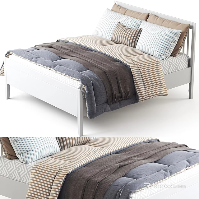 Double Bed With White Frame Gray Brown Bedding And Striped Geometric Pillows 3d model