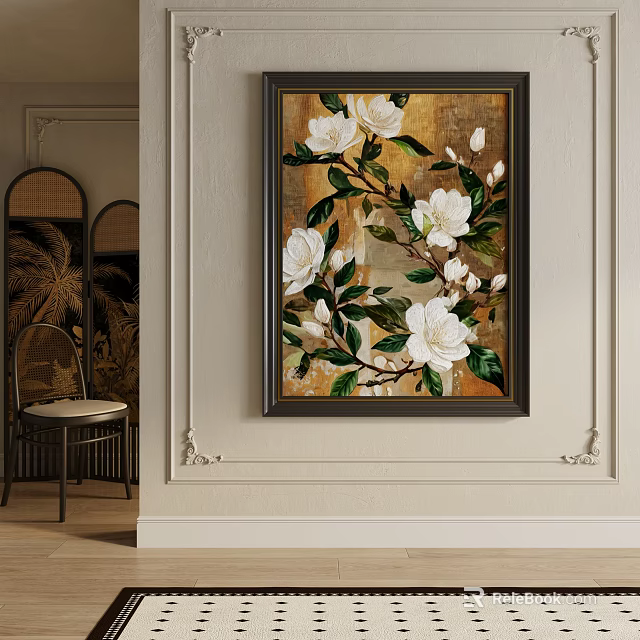 Abstract Framed Painting Featuring White Flowers Green Leaves And Beige Tones 3d model 