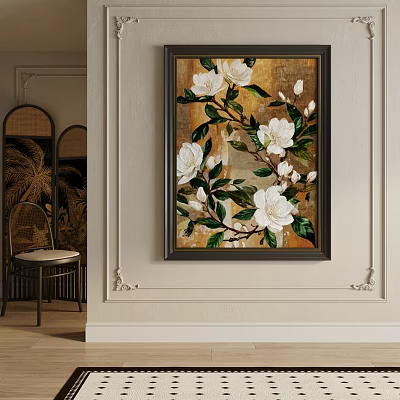 Abstract Framed Painting Featuring White Flowers Green Leaves And Beige Tones 3d model