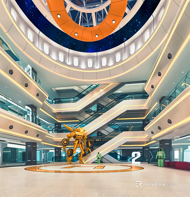 Modern Hall Interior Featuring Spiral Staircase Yellow Robot Starry Blue Ceiling And Glass Railings 3d model 