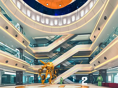 Modern Hall Interior Featuring Spiral Staircase Yellow Robot Starry Blue Ceiling And Glass Railings 3d model