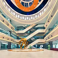 Modern Hall Interior Featuring Spiral Staircase Yellow Robot Starry Blue Ceiling And Glass Railings