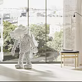Light Colored Window Curtain In Modern Interior With Glass Window And City Tree View