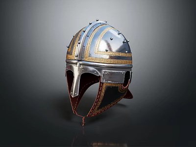 Knightly Armor Helmet With Silver Metal Body Golden Decorative Band And Red Lining 3d model
